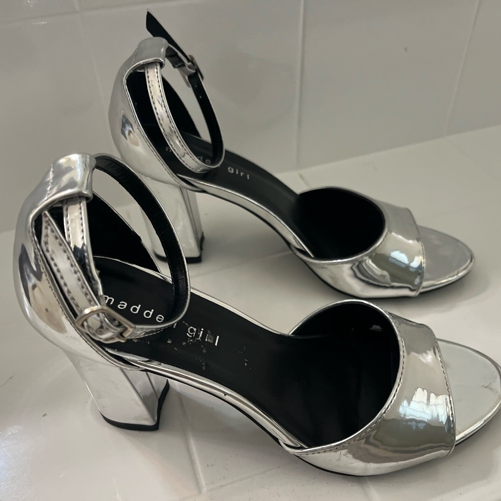 Madden Girl Shiny Silver Ankle Strap Heels